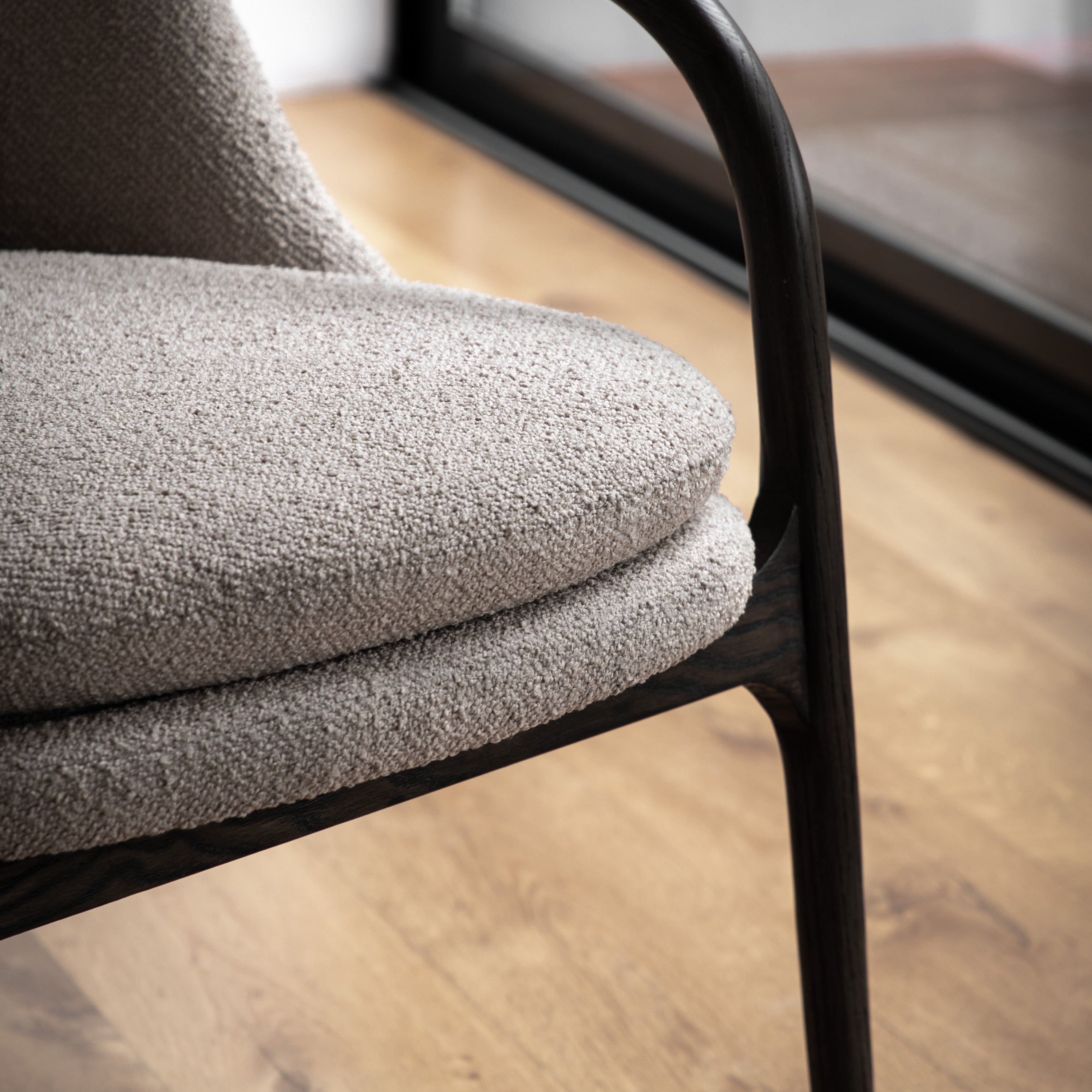 Arabella Dark Oak Wood & Taupe Boucle Curved Armchair